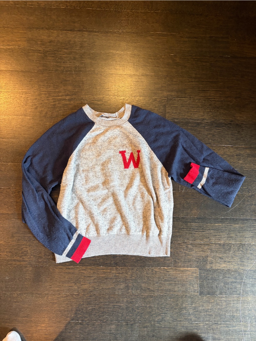 Two-Tone Grey & Navy Crew Sweater with Red Accent